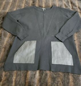 J Crew Womens Large Black Long Sleeve Wool Knit Leather Trim Tunic Sweater Top