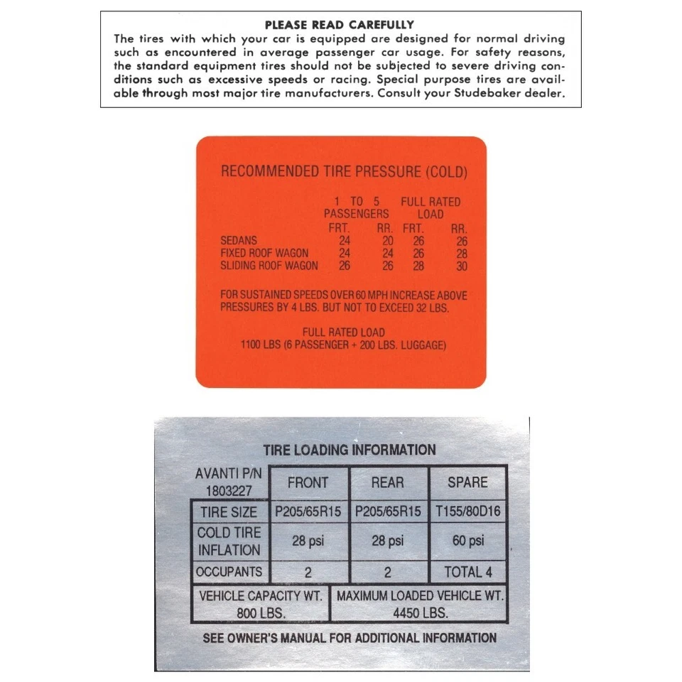 Calcomanías de advertencia y presión de neumáticos | Varios modelos Studebaker Foto 1 de 1