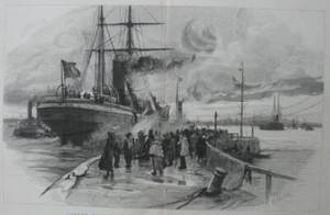 Großer antiker Kupferstich von 1891 - Londoner Menschenmenge winkt Abschied von einem Auswandererschiff - Bild 1 von 2