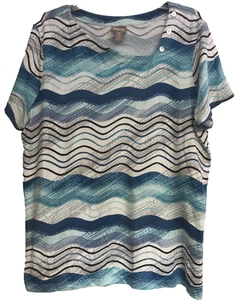 Chico's 3 Multicolor Graphic Print Blouse Asymmetrical Neckline Tee Blue XL - Picture 1 of 10