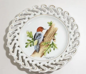 Vtg Napco Lattice Trim Milk Glass Hand Painted Red Head Woodpecker Plate Signed - Picture 1 of 4