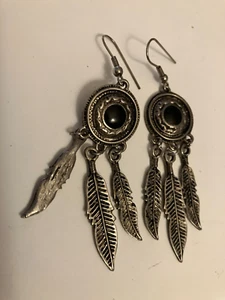 DE COLECCIÓN ESTATE Negro Cabujón y Plumas Colgantes Tono Plata Pendientes Perforados - Imagen 1 de 3