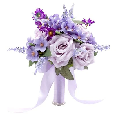 Lavender Purple Wedding Bouquets for Bride Bridesmaid Artificial Roses Flower... - Image 1 of 4