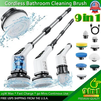 EUROSPEEDTREND Cordless Electric Spin Scrubber Extendable Handle 9 Cleaner Brush 2 Speed Power