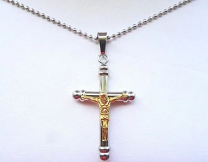 Two Tone Stainless Steel Large Cross with Gold Tone Plated Crucifix 24 " Chain - Picture 1 of 5