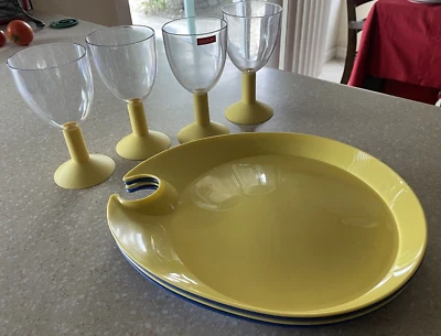 8 Bodum vintage YELLOW & BLUE Picnic Plates & wine glass cup Lot Thanksgiving - Image 1 of 4