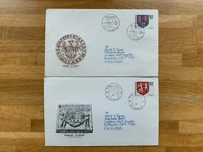 CHECOSLOVAQUIA 1975 FDC x 2 ESCUDO DE ARMAS SELLOS DE NYMBURK Y ZNOJMO EN REVERSO Foto 1 de 2