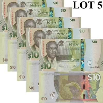Belice 10 Dólares 2025 P Nueva Edición UNC 1/20 Paquete LOTE 5 piezas Foto 1 de 4