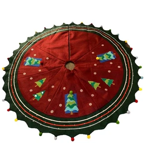 "Falda de árbol de Navidad vintage 54"" fieltro de lana con apliques cinta de pompones de árboles" - Imagen 1 de 8