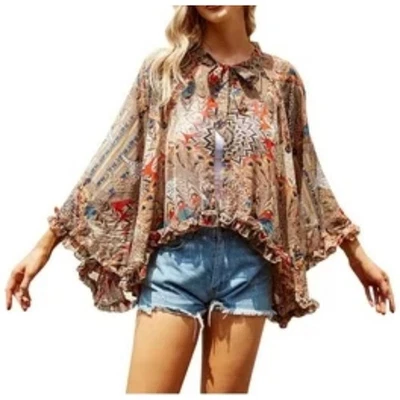 Poncho con Capa HOPE Boho Estampado Transparente Top Tostado Cuello Atado Volantes Dobladillo Festival Hippie Foto 1 de 4