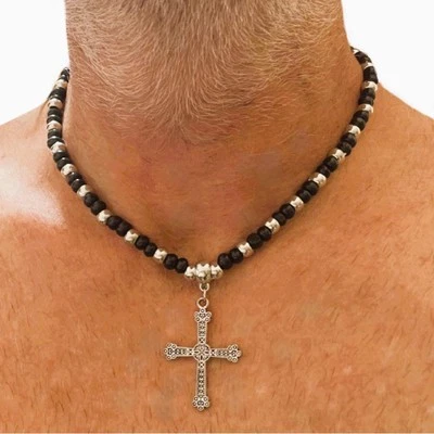 Collana con croce rosario nero da uomo catenina girocollo lunga regolabile donna - Immagine 1 di 4