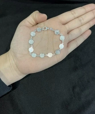Pulsera de protección de plata de ley 925 para mujer y hombre San Benito de 7" y 8" Foto 1 de 4