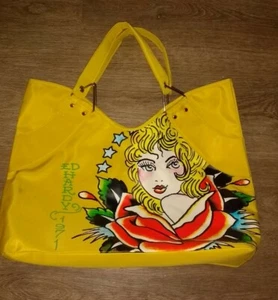 Ed Hardy 1971 Large Bold Yellow Canvas Tote Bag Shopper Purse Handbag Rose Star - Picture 1 of 2