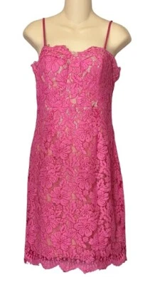 MYSTIC Hot PINK Lace Dress Sz M Sleeveless Straps Bra Lined Fitted Evening Sexy - Image 1 of 4