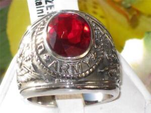 Mens army ring signet oval ruby cz usa military stainless steel silver 41470