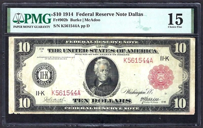 🇺🇸 1914 $10 RED-SEAL FR-902b ♚♚DALLAS♚♚ PMG CH FINE 15, 20 KNOWN, SCARCE NOTE! - Image 1 of 2