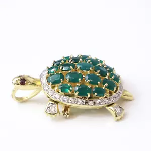 Vintage 18k Gold Filled Moissanite Emerald Ruby Articulate Turtle Brooch Pendant - Picture 1 of 15