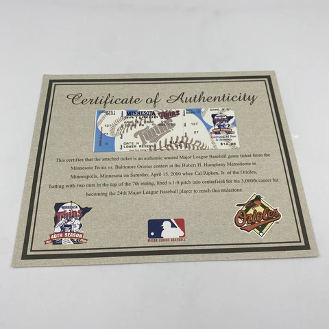 Cal Ripken Jr 3000 Hit Twins v Orioles Ticket April 15, 2000- Seat 9 Row 27 Cover