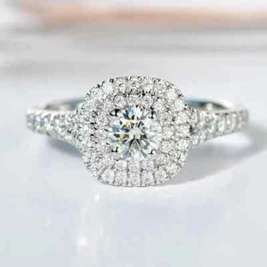 2.50Ct Round Cut Real Moissanite Cluster Halo Wedding Ring 14k White Gold Plated - Picture 1 of 7
