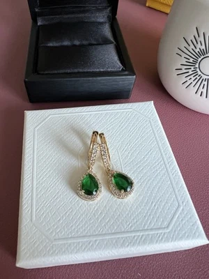 Emerald Pear Cut Diamond 1.0ct Halo Setting Earrings In Yellow Gold - Image 1 of 3
