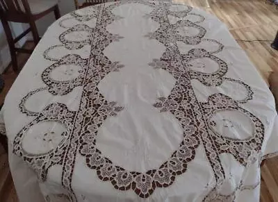 Fabulous Vintage Battenburg Tape Lace Banquet Tablecloth Ecru Embroidery 124" - Image 1 of 4