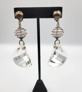 Vintage Clear Multi- Faceted Lucite Dangle Double Drop Earrings Clip on - Picture 1 of 14