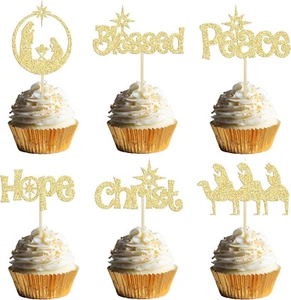 24 Piezas Jesús Navidad Cupcake Toppers Paz Esperanza Cristo Bendito Oro Brillo - Imagen 1 de 4