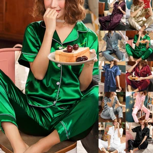 Womens Short Sleeve Satin Pyjamas PJs Set Ladies Silk Soft Pajamas Nightwear - Picture 1 of 25