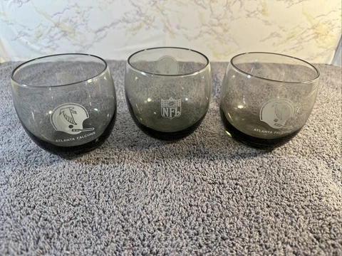 Vintage Atlanta Falcons NFL Smoke Glass 8 oz Roly Poly Rock Whiskey Set of  3 Cover