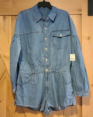 ¡Nuevo! Mameluco Free People Zodiac Talla L Denim Cambray Una Pieza Azul Luna Snap Foto 1 de 4