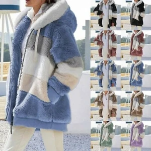Women Plush Pocket Hooded Streetwear Zipper Jacket Winter Loose Lady Warm Coats - Picture 1 of 15