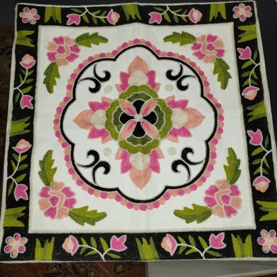 Funda Cojín Bordada Floral 17 x 17 pulgadas Lino Puntada Cadena Algodón  Foto 1 de 4