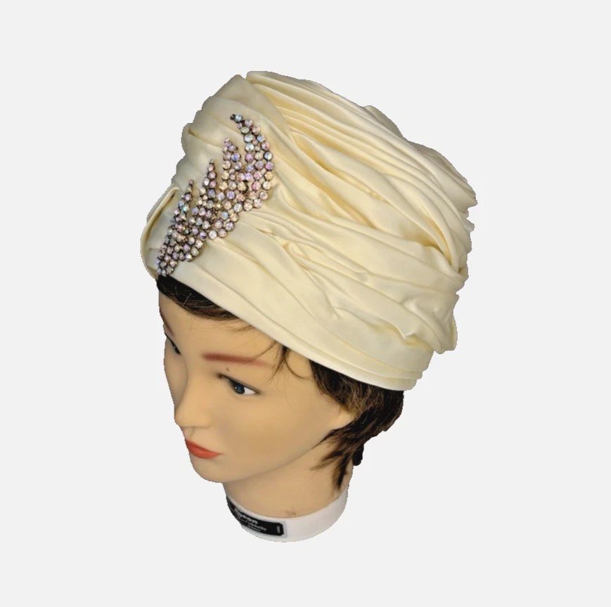 Sombrero turbante broche diamantes de imitación marfil marfil G. Howard Hodge años 60 vintage 22" Foto 1 de 4