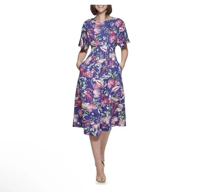 NWT Kensie Sz 8 Flamingo Print Midi Dress Navy Blue Pink Pleated Fit & Flare - Image 1 of 4