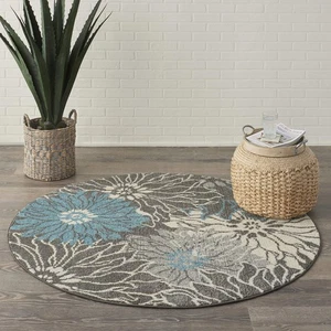 Nourison Passion Charcoal/Blue 5'3" x Round Area Rug, Floral, Farmhouse, Easy... - Picture 1 of 9