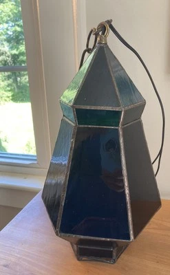 Colgante de vitral facetado hexagonal vintage raro luz/verde, azul y humo Foto 1 de 4