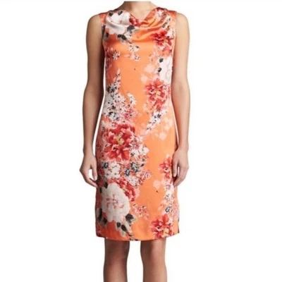 Vestido St. John Seda Elastizado Crisantemo Naranja Estampado Floral Capucha Cuello Talla 10 Foto 1 de 4