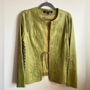 Anne Klein Green Butter Leather Floral embroidered Lace Tie-Front Jacket Size L - Picture 1 of 15