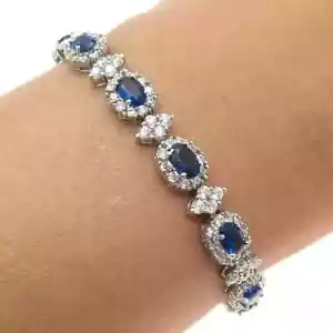 9Ct Oval Cut Lab-Created Sapphire Women Tennis Bracelet 14k White Gold Plated - Picture 1 of 5