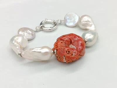 bracciale donna  gioiello sasso vero corallo rosso di Sardegna vere perle Akoya - Immagine 1 di 4
