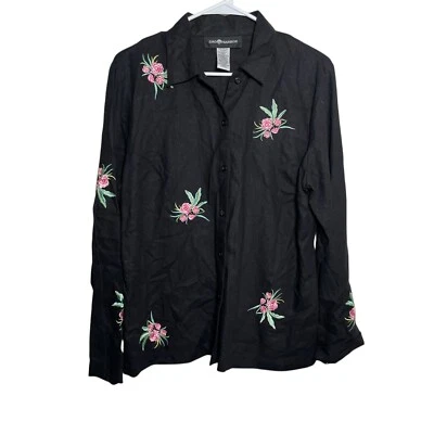 Sag Harbor Blouse Women's Small Black Linen Button Up Embroidered Collared Top - Image 1 of 4