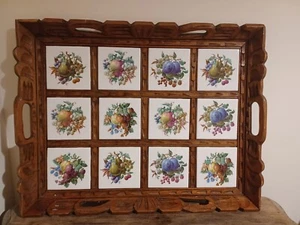 Vintage Large Mexican Hand Carved Wood & Ceramic Tile Serving Tray - Picture 1 of 24