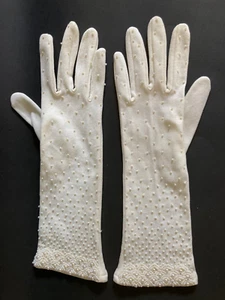 Vintage Hand Beaded Stretch Nylon One Size White 10.5" Gloves Hong Kong - Picture 1 of 7