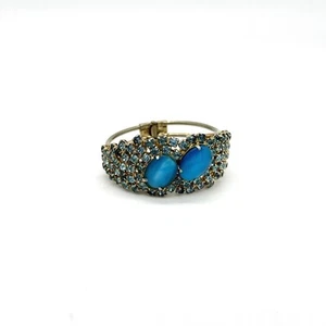 Vintage Blue Rhinestone Bracelet Cuff Bangle Hinged Statement Jewelry - Picture 1 of 6