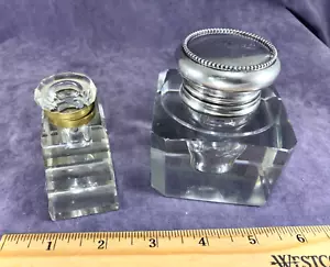 Lot of 2 Antique Inkwells - Sterling Silver Top HH Curtis & Crystal Stair Step - Picture 1 of 9