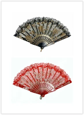 Abanico de mano plegable de plástico con diseño de rosa de encaje rojo negro hecho a mano para dama 7274 Foto 1 de 3