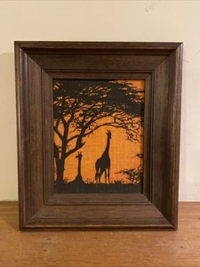 Vintage Kay Dee Handprints Linen Safari Giraffe Orange Sunset Framed Art Print - Picture 1 of 7
