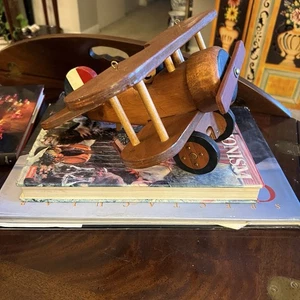 Toy Wood Bi Plane With Pilot. Propeller And Wheels Turn. 11” L 13” Wingspan - Picture 1 of 19