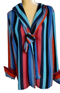 Eva Mendes Multicolor Bow Neck Blouse Long Sleeve Pullover Shirt Size L - Picture 1 of 8