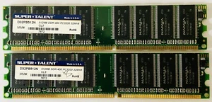 1 GB (2 x 512 MB) Super Talent DDR-400Mhz PC3200 CL3 RAM D32PB512N 184pin DIMM - Picture 1 of 1